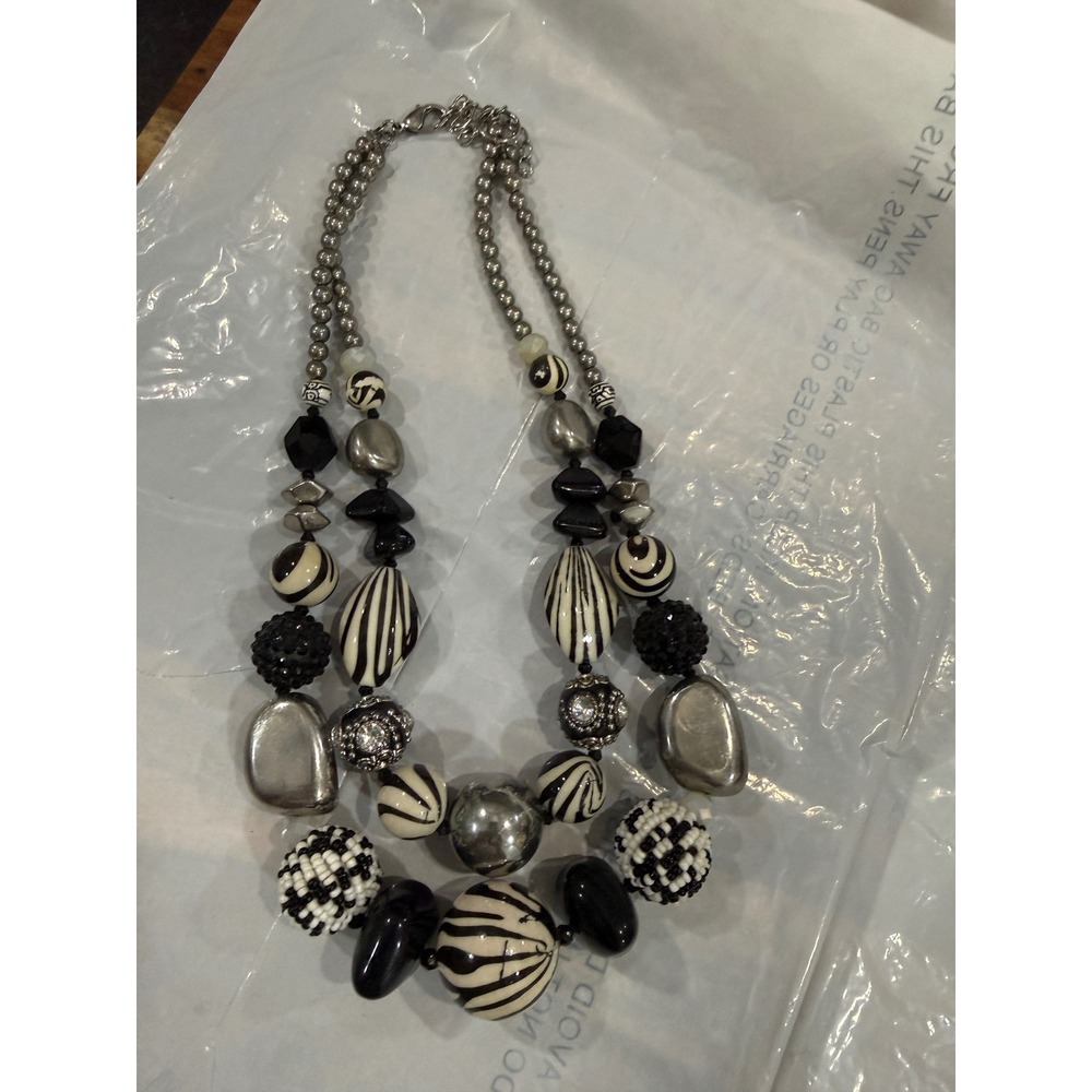 Chunky Black White Silver Layered Statement Necklace Zebra Stripe Beaded Bold